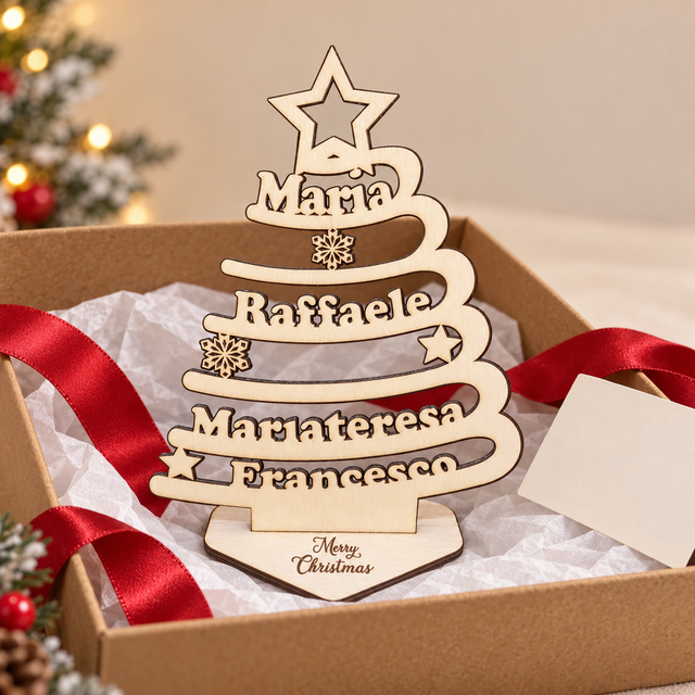 Albero di Natale in legno personalizzato con i nomi della famiglia