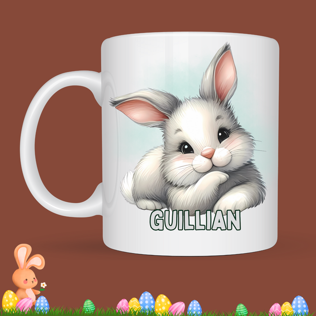 Mug de Pâques "Doux Lapin gris", prénom au choix 
