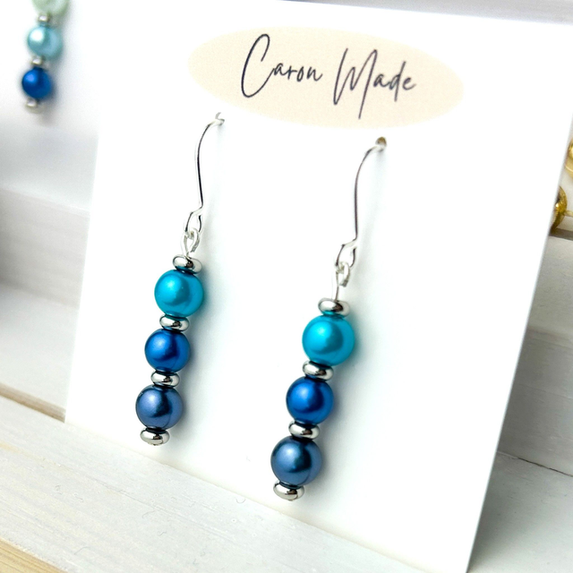 Glass pearl dangle earrings turquoise and navy