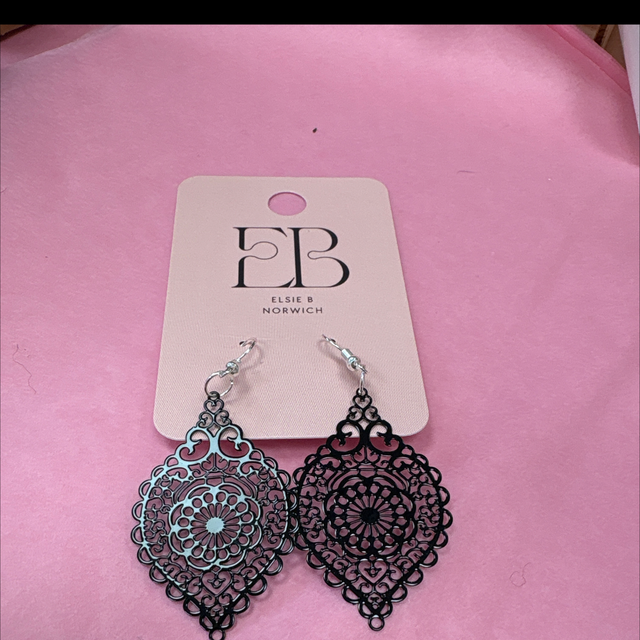 Black metal lace drop earrings silver hooks