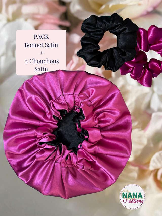 Pack Framboise - Bonnet satin réversible bicolore + 2 chouchous assortis | Fait main | Protection cheveux | Fuchsia et noir