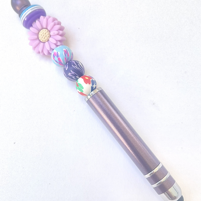 S18 - Stylo à perles et perle fleur parme