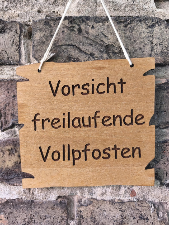 Holzschild „Vorsicht freilaufende Vollpfosten“ – Lustiges Warnschild