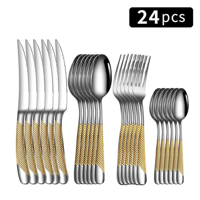 Vaisselle en acier inoxydable, couteau à steak étoile et fourchette à dessert, cuillère, costumes de famille 24 pièces