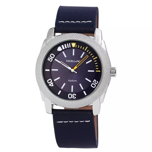 Montre marque Excellanc sport homme fond bleu et index des minutes blanc bracelet cuir de couleur bleu
