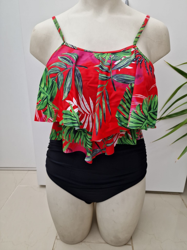 Maillot De Bain Taille Haute 2 Pieces Jungle Noir Rouge Rose Vert Volants Taille XL (44)