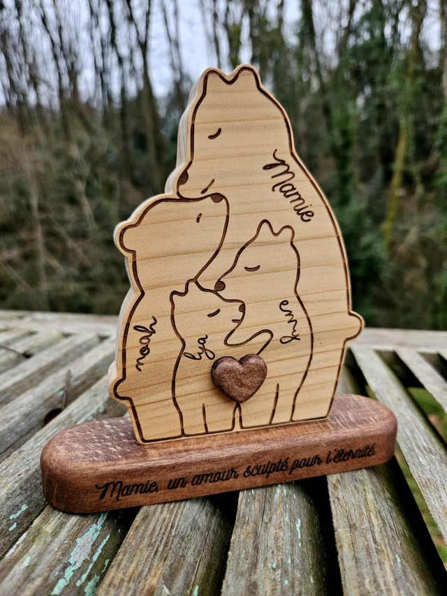 Famille Oursons (1 adulte + enfants) en Bois massif tout en gravure