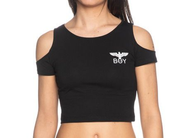 2023465T254 - T-shirt BOY London donna cropped- spalla scoperta e logo iconico