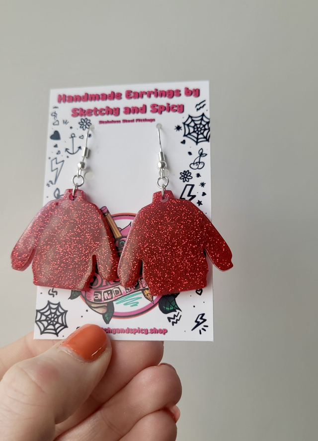 Earrings- Christmas Jumper Earrings – Red Glitter Xmas Dangle Jewellery | Stainless Steel Hooks