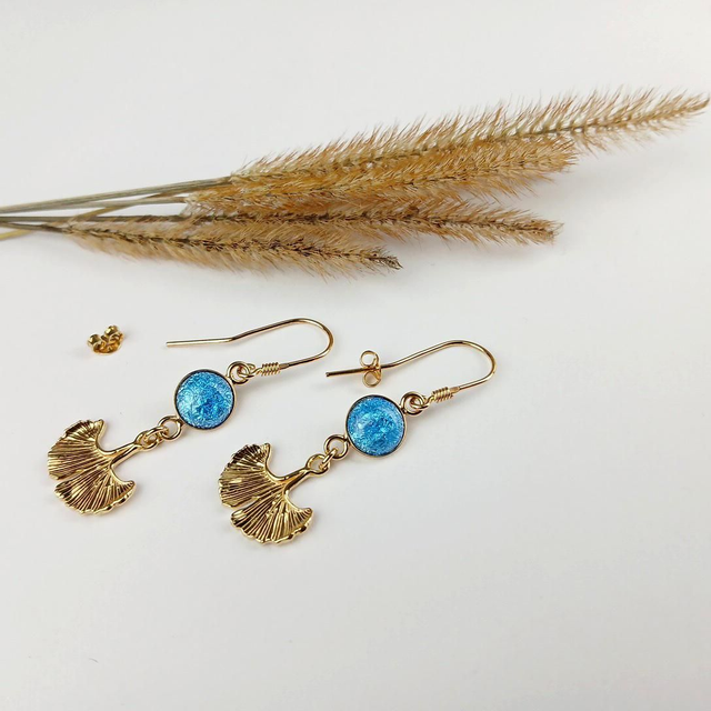 Boucles d'oreilles "Ginkgo" en émail et Plaqué Or 