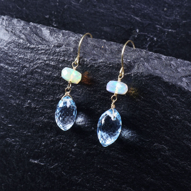 Pair of 18K 18Ct 750 Solid Yellow Gold Faceted Welo Ethiopian Opal Briolette Cut Blue Topaz Gemstone Elegant Dainty Modern Hook Earrings