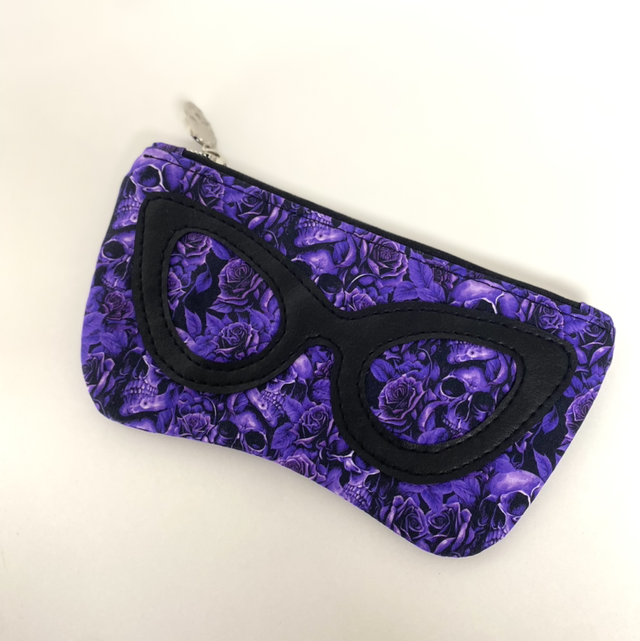 Purple Skulls and Roses Glasses Case