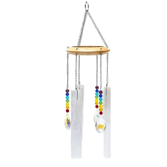 Pendentif Fenêtre Sélénite &amp; Cristaux 7 Chakras à suspendre | Feng Shui 