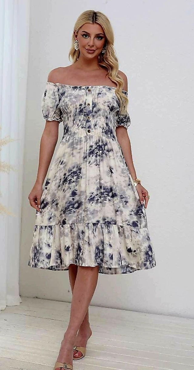 Blue Tye Dye Linen Cotton Bardot Midi Dress - KM