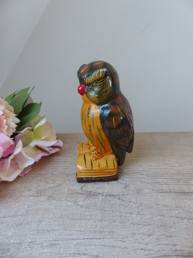 Ancienne Figurine Hibou Savant sur Livre Ouvert en Terre Cuite Peint main, Hibou Cadeau Etudiant Enseignant Professeur, Décoration bureau