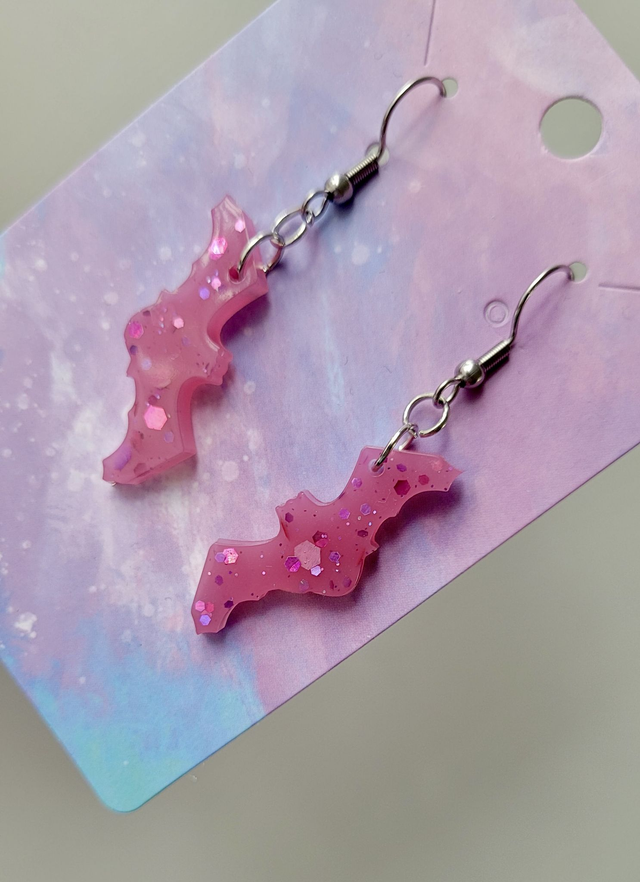 Earrings | Pink Glitter Bats | Stainless Steel Hooks