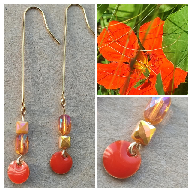 Email et verre orange aux jolis reflets, acier inoxydable doré -sans nickel, pièce unique 