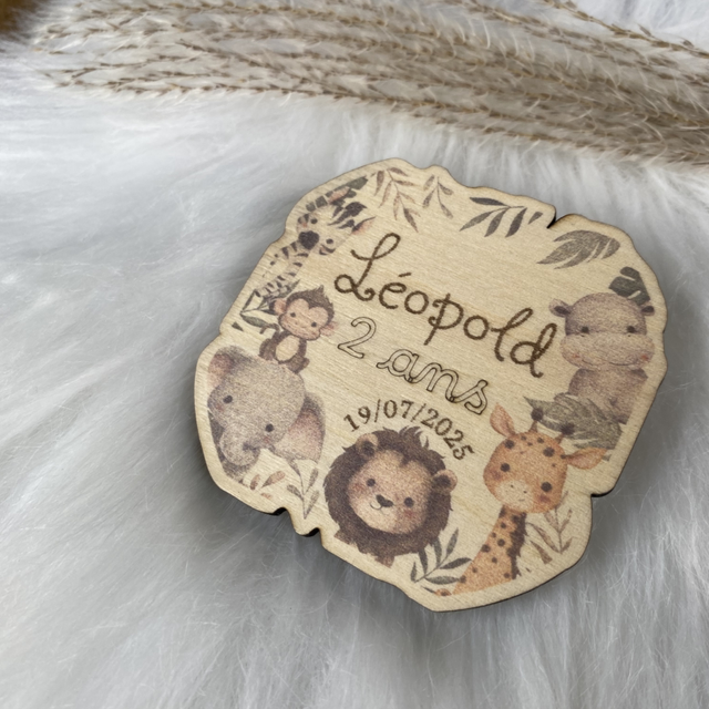 Magnets en bois baptême ou anniversaire thèmes savane, jungle, safari