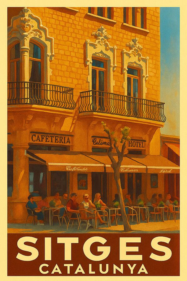 Encantador café callejero en Sitges Casa Simo Llaurado Póster de viaje vintage