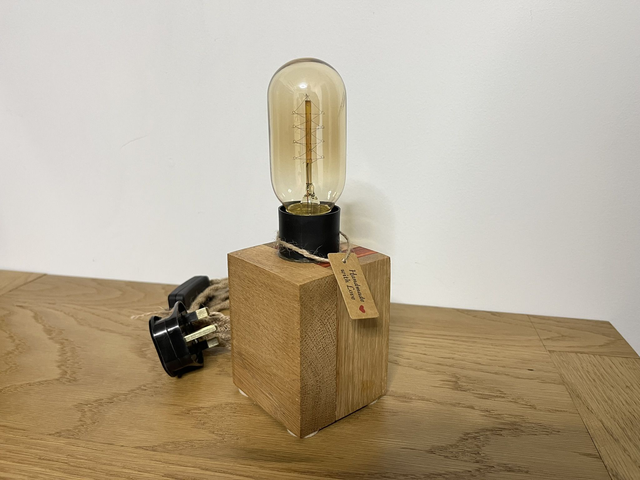 Handcrafted Oak, Padauk & Maple Accent Lamp with Edison Bulb.