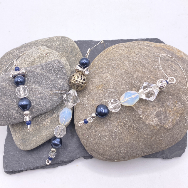 UPCYCLED Icicles x 3 Christmas Decoration Set Navy, Clear and Silver tone vintage beads