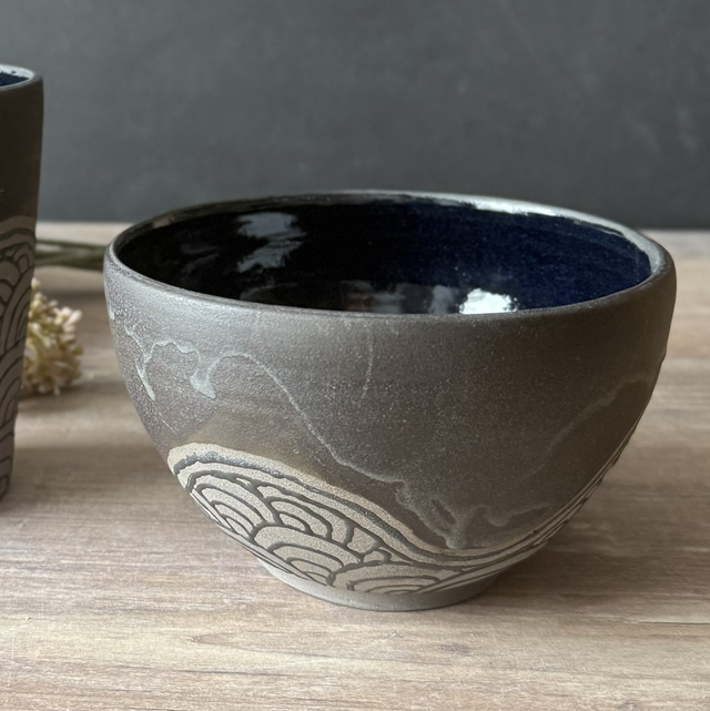 Stoneware Tumbler & Cereal Bowl Set, dark clean design, black | wheel-thrown, hand-drawn wave patterns inspired by Japanese patterns