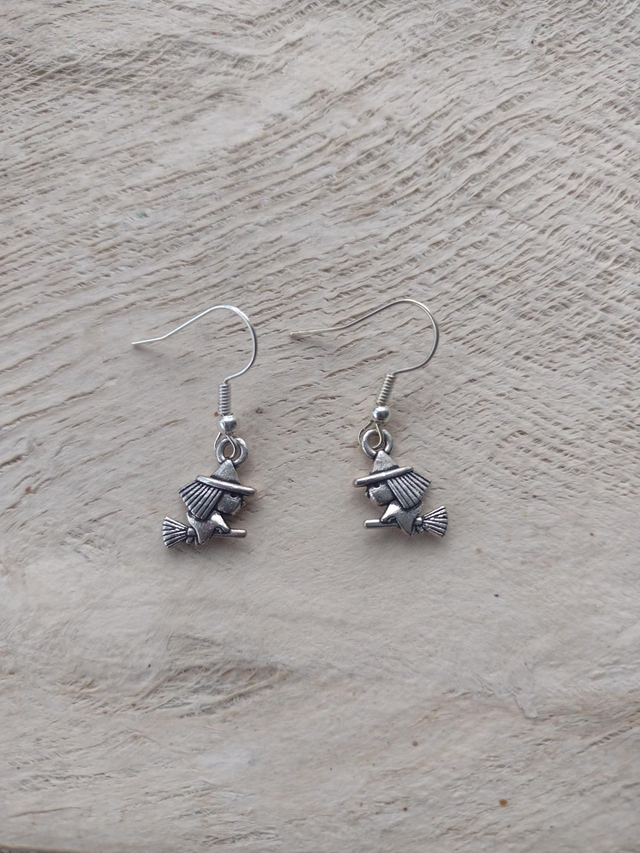 Witch on broom silver earrings 