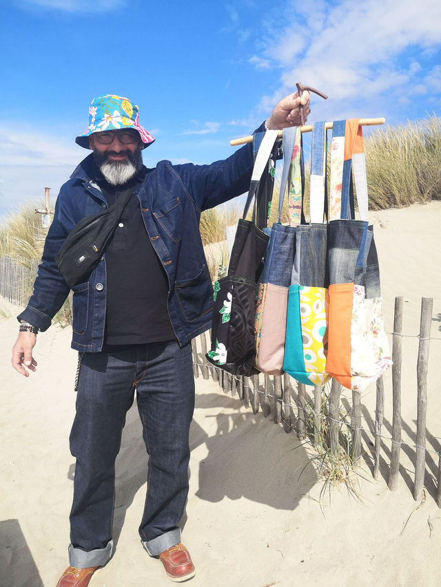 Grand Sac jean upcyclé / Bleu et jaune soleil - Pièce Unique