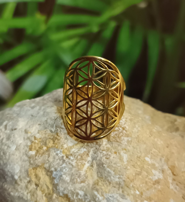 Bague ajustable fleur de vie dorée en acier inoxydable