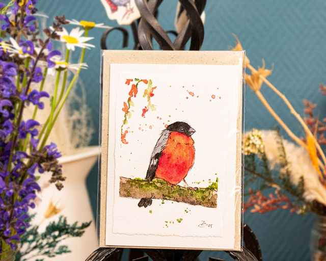 Originalkarte - Dompfaff mit Blüten