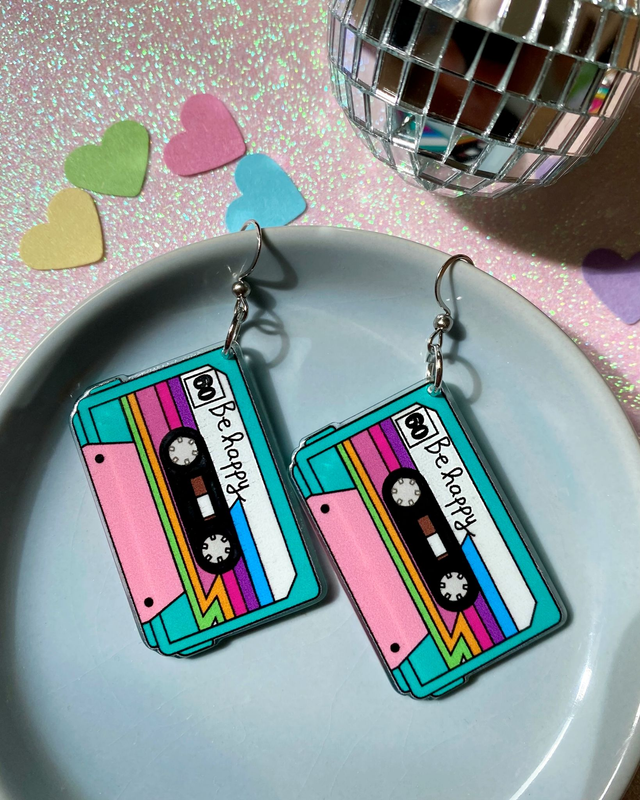 Boucles d&#039;oreilles cassettes audio 90&#039;s Be happy