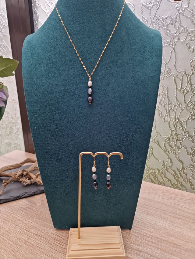 Parure Bijoux Perles D'eau Douce Tricolore Acier Doré