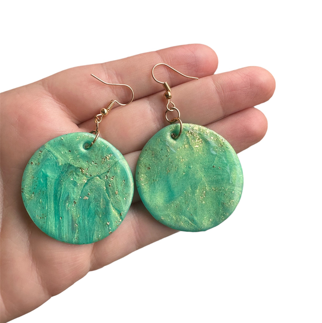 Green and Gold Shimmer Round Polymer Clay Earrings