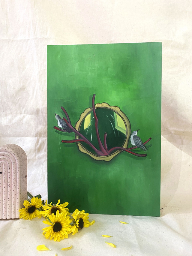 Espejo verde de pájaros 