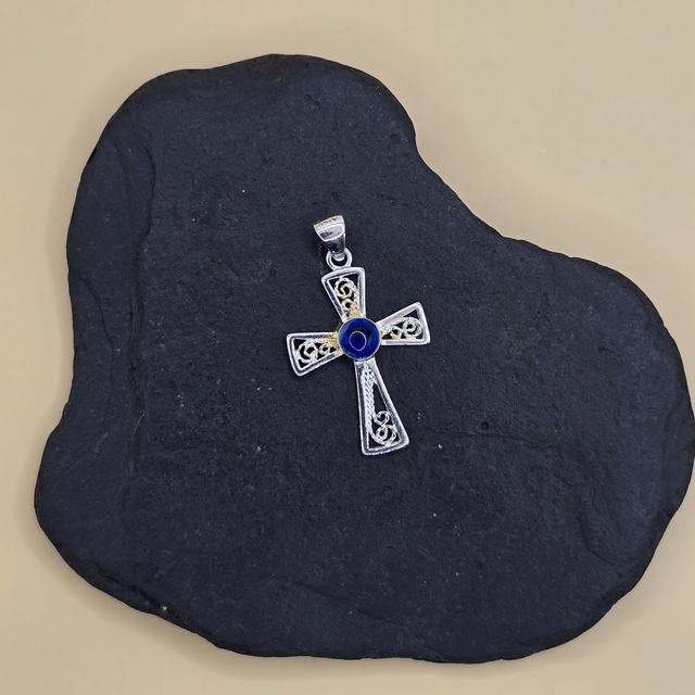 925 Filigree Cross Pendant with Blue Seaglass & Sterling Silver