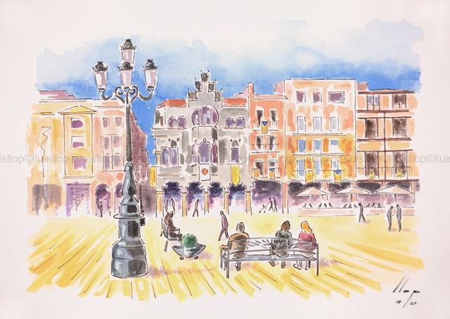 coses de Reus, aquarel·la original 23x32 el Mercadal en festes (Reus)