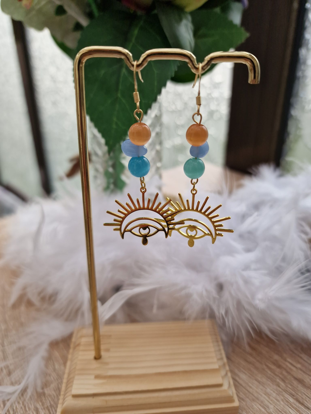 Boucles D'oreilles Pierre De Lune Multicolore Soleil Œil Acier Doré