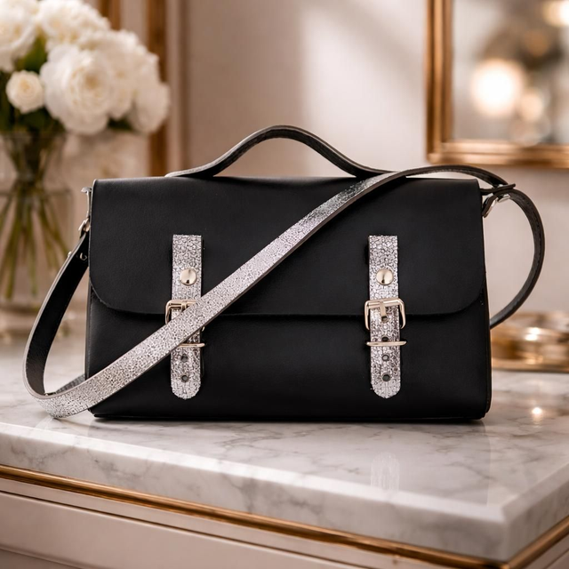 ✨️ PROMO ✨️ Sac cartable en cuir  - Noir et gris pailleté 