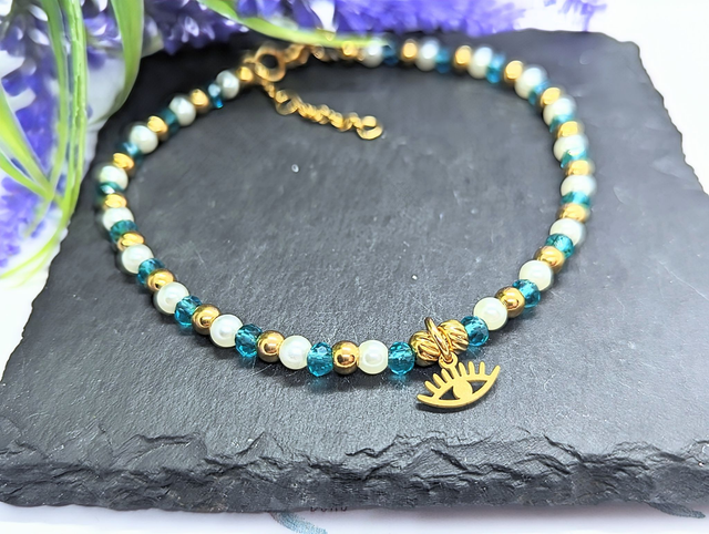 Peacock Blue, Gold &amp; Faux Pearl Beaded Anklet With Eye Charm