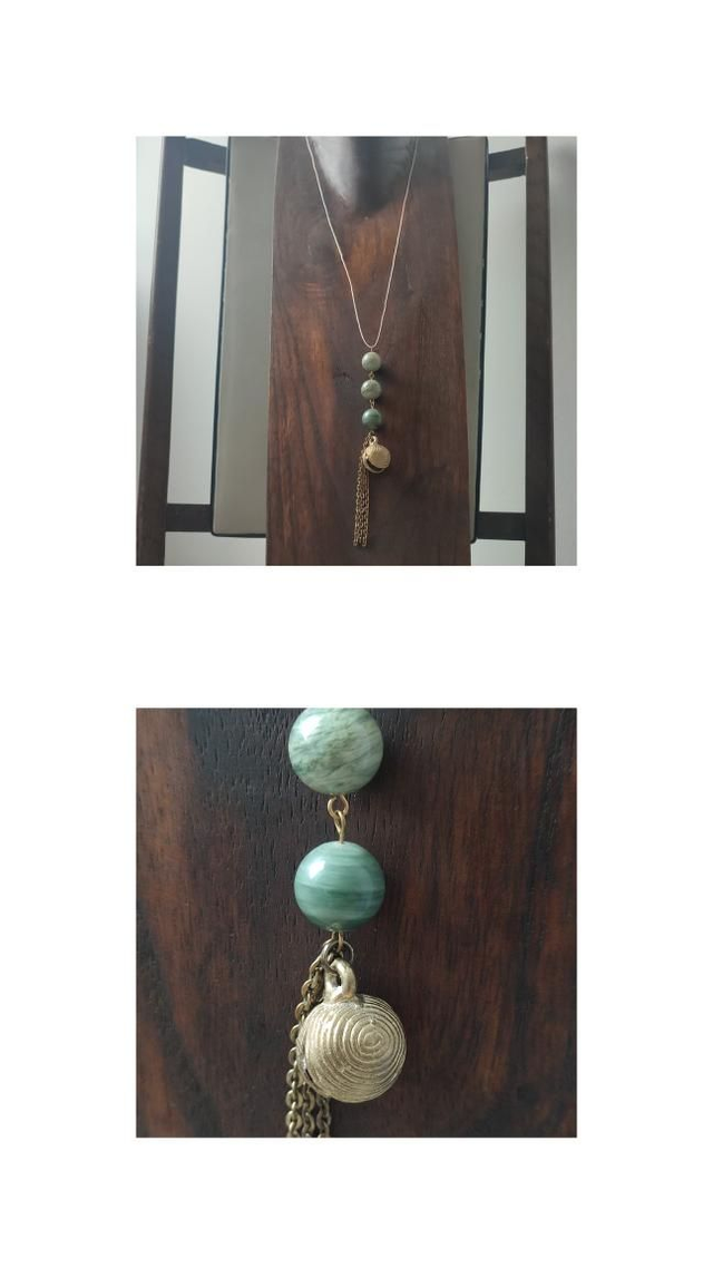 Sautoir agate verte et perle en laiton bronze monté sur fil de lin, pièce unique 
