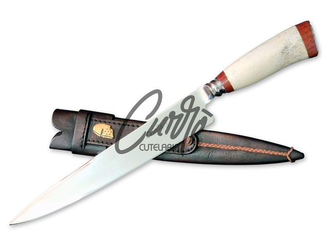 Faca Forjada Criolla Elmo Aço Inox Dorso Liso Cabo em Canela de Avestruz e Madeira de Muirapiranga 10 Pol