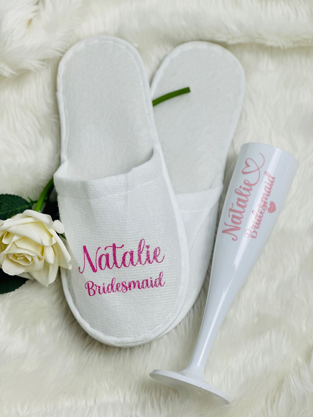 Budget Range Personalised Wedding Spa Slippers and plastic champagne glass