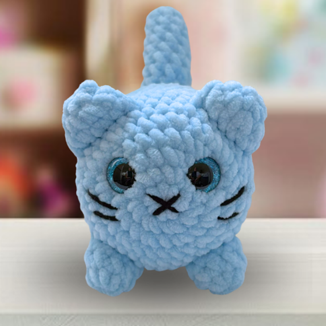Crochet Chenille Loaf Cat, Baby Blue, Glitter Eyes, ukca Tested