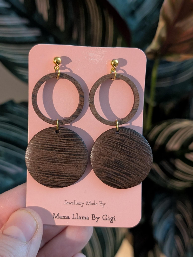Handmade Double Wooden Circle Earrings with Gold Studs