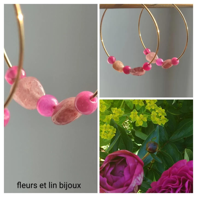 Créoles agate magenta et quartz rose ( pierres naturelles)en acier inoxydable doré -sans nickel 