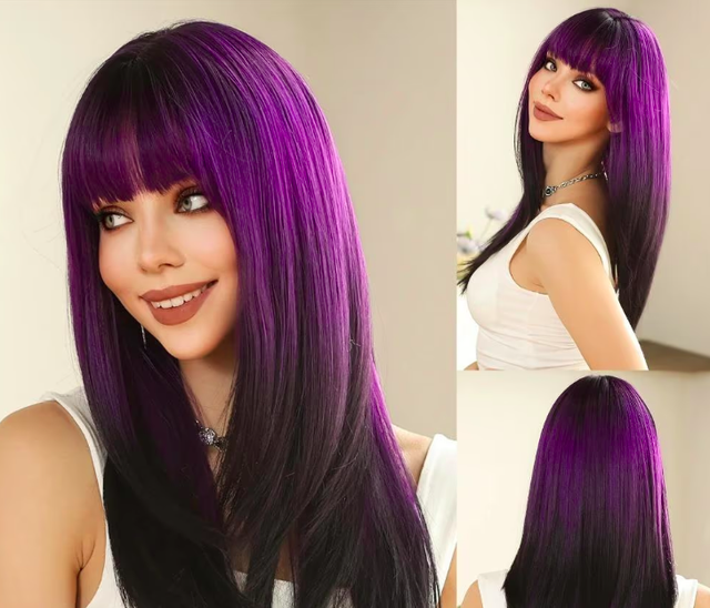 Rechte gelaagde synthetische pruik met pony (61cm) donkerpaars