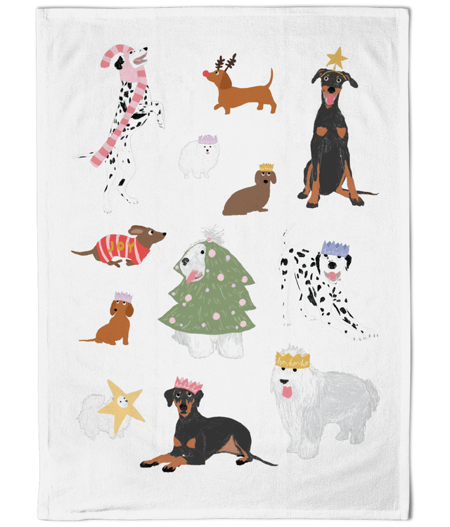 Illustrated Cotton TeaTowel - Christmas Dogs 