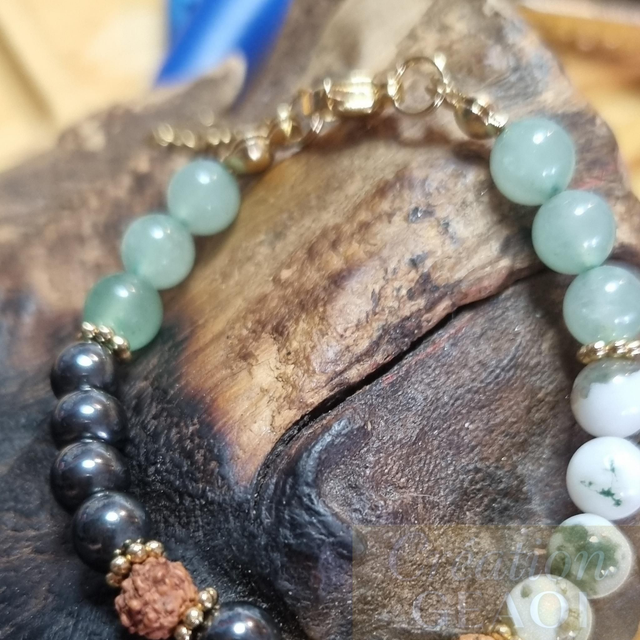 Agate arbre, rudraskha, aventurine verte et hématite non Magnétique