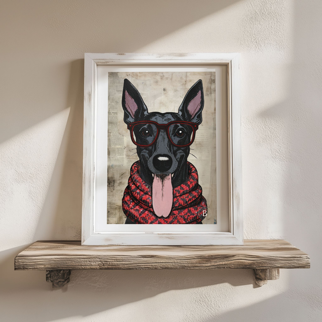 PRE ORDER: Harley: Sighthound/Lurcher/Greyhound Black Dog In Glasses Mixed Media Art Print A4