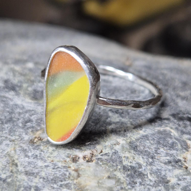 Size U Multicoloured Sea Glass and Sterling Silver Ring Fully Hallmarked 